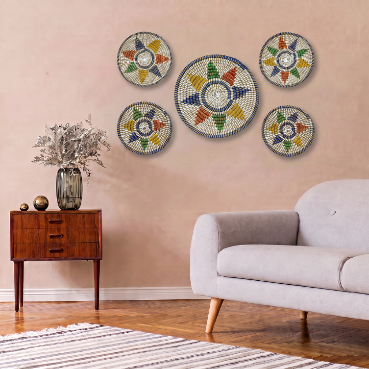 Monochrome Round Jute Style Kansgrass Wall Mat Set – Handwoven Boho Wall Art (Set of 5)