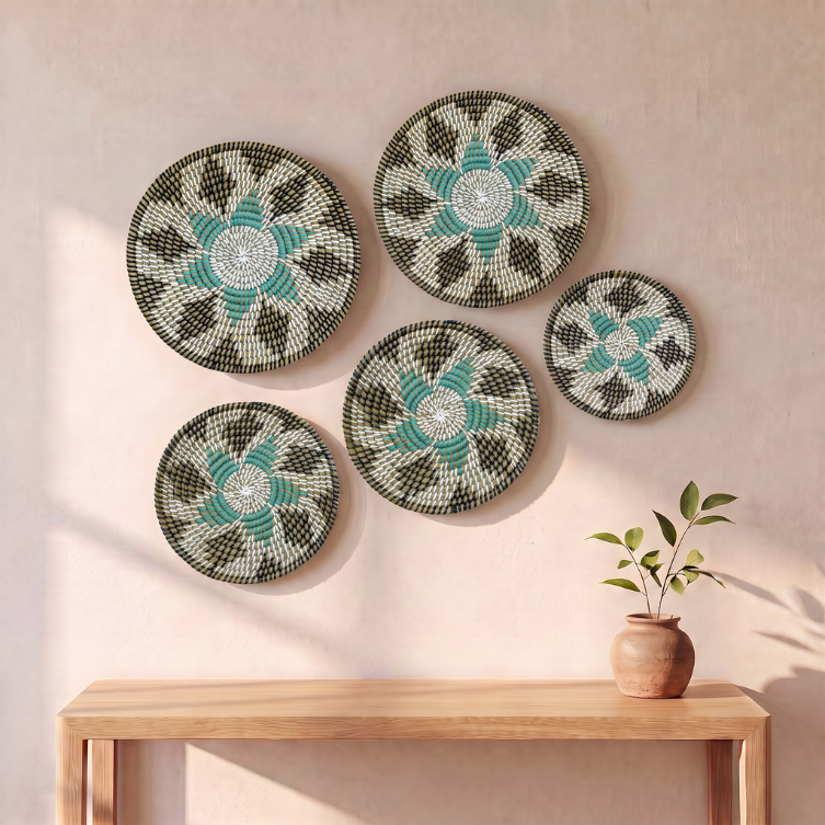Handwoven Kansgrass Wall Mats Set of 5 – Multicolor Jute Style Spiral Wall Decor