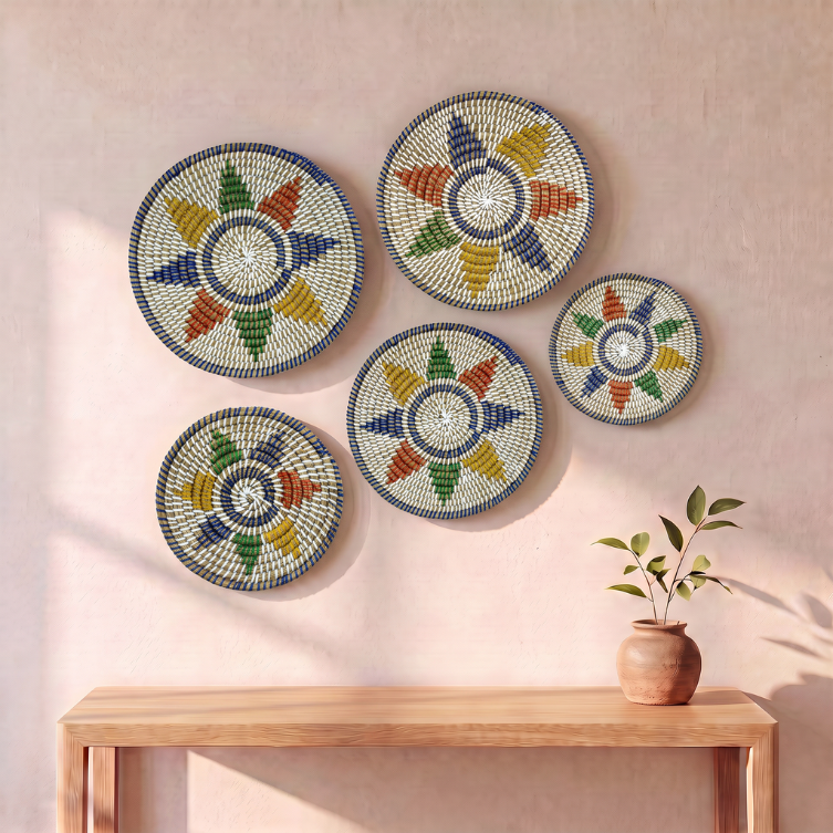 Monochrome Round Jute Style Kansgrass Wall Mat Set – Handwoven Boho Wall Art (Set of 5)
