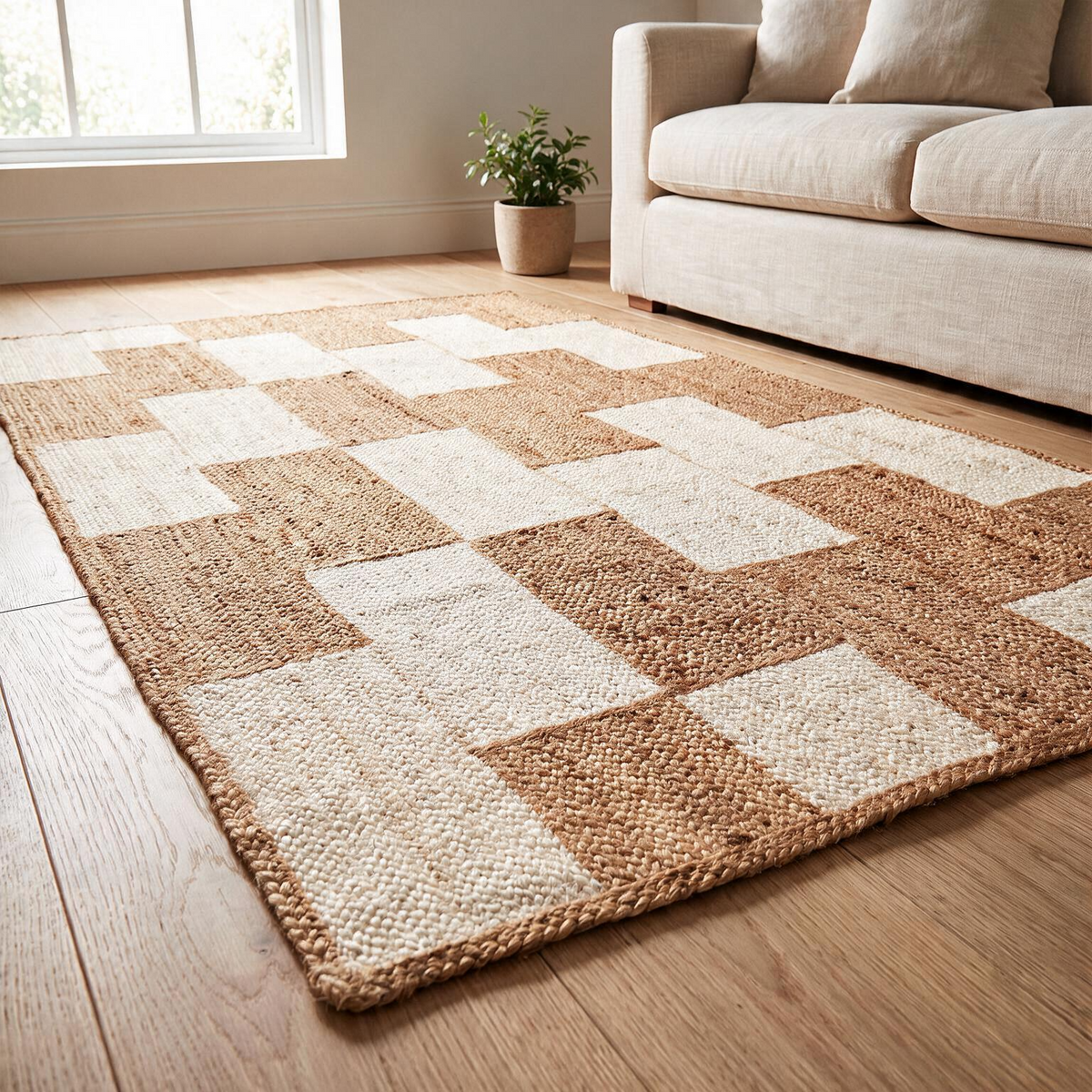 Hand-Woven Two-Tone Checkered Jute Rug – Natural Boho Area Rug