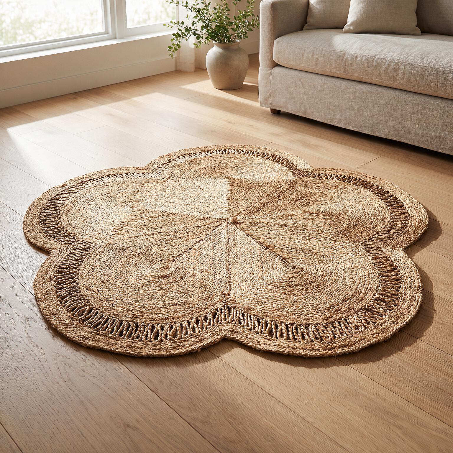 Handwoven Flower Shape Jute Rug – Natural Braided Floral Floor Mat