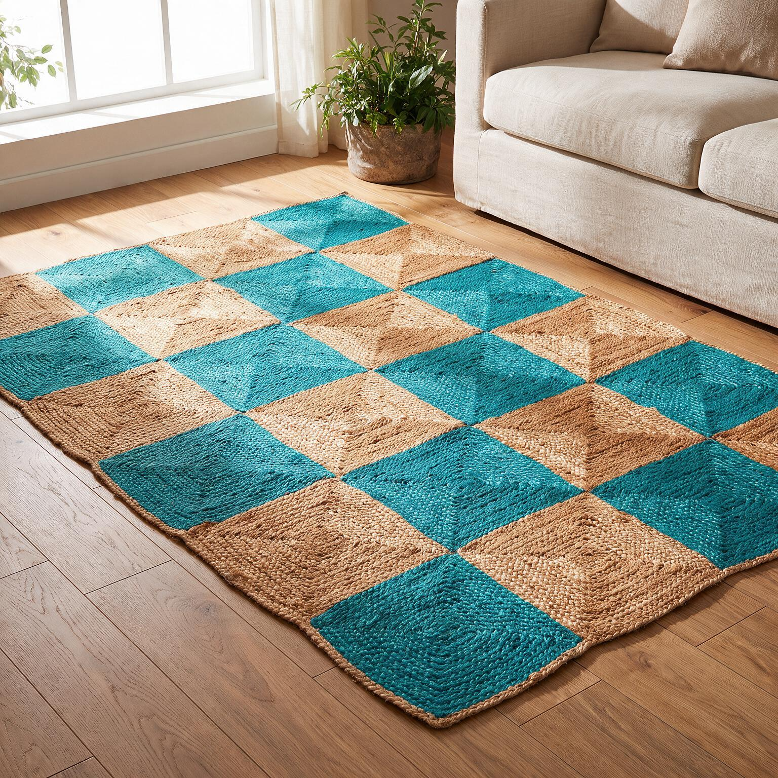 Handwoven Jute Rug in Capri Blue & Natural Tone Design