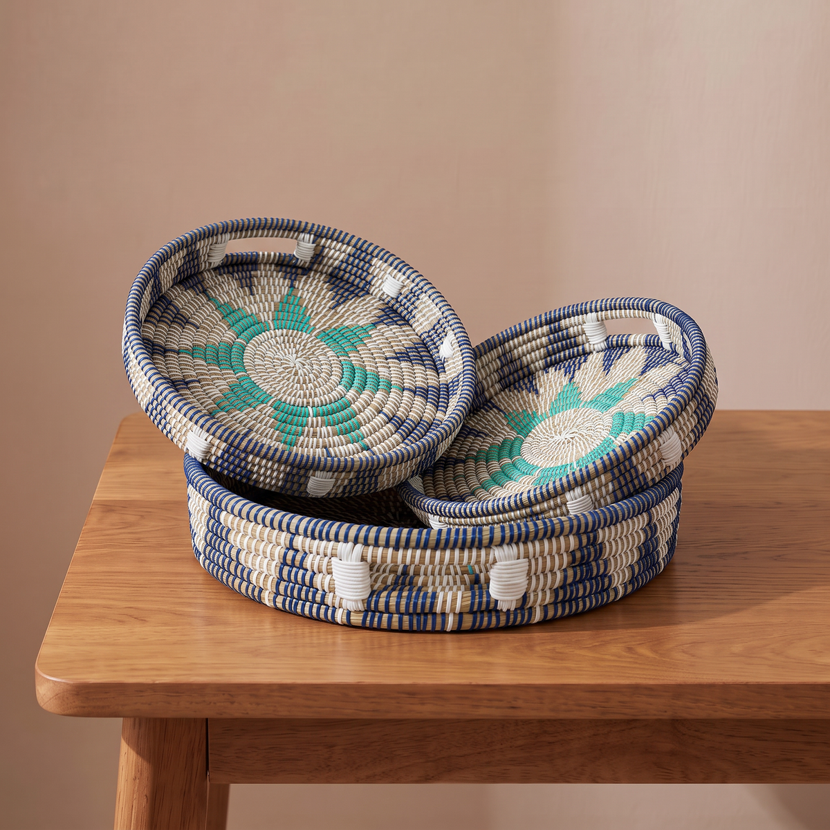 Handwoven Jute Style Kansgrass Basket Tray Set of 3 – Blue & Natural Multicolor Serving Trays