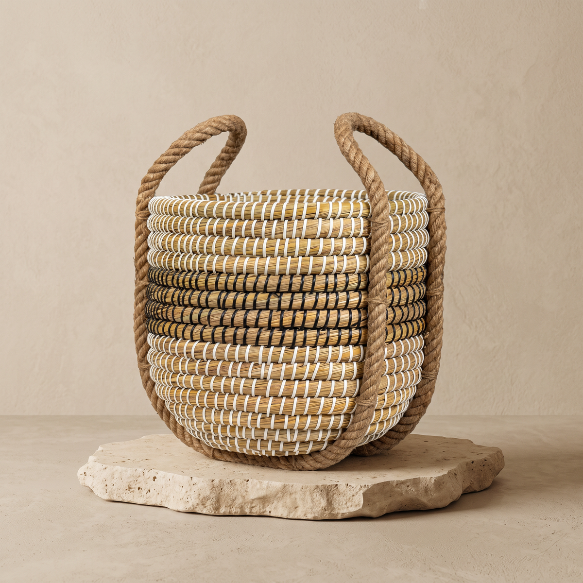 Handwoven Kans Grass Double-Tone Basket with Extended Handles Set of 2