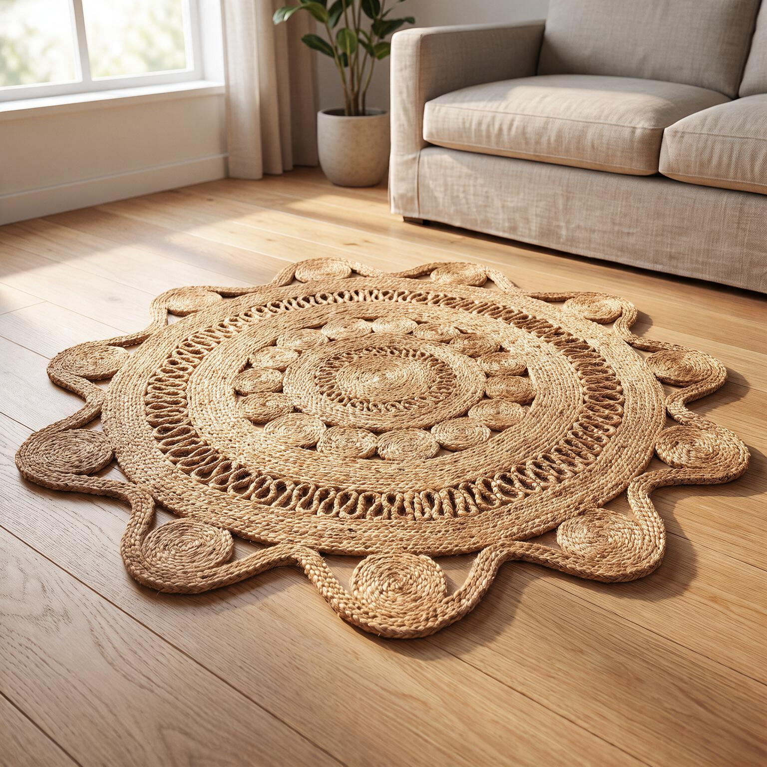 Handwoven Round Braided Jute Rug with Lace Design