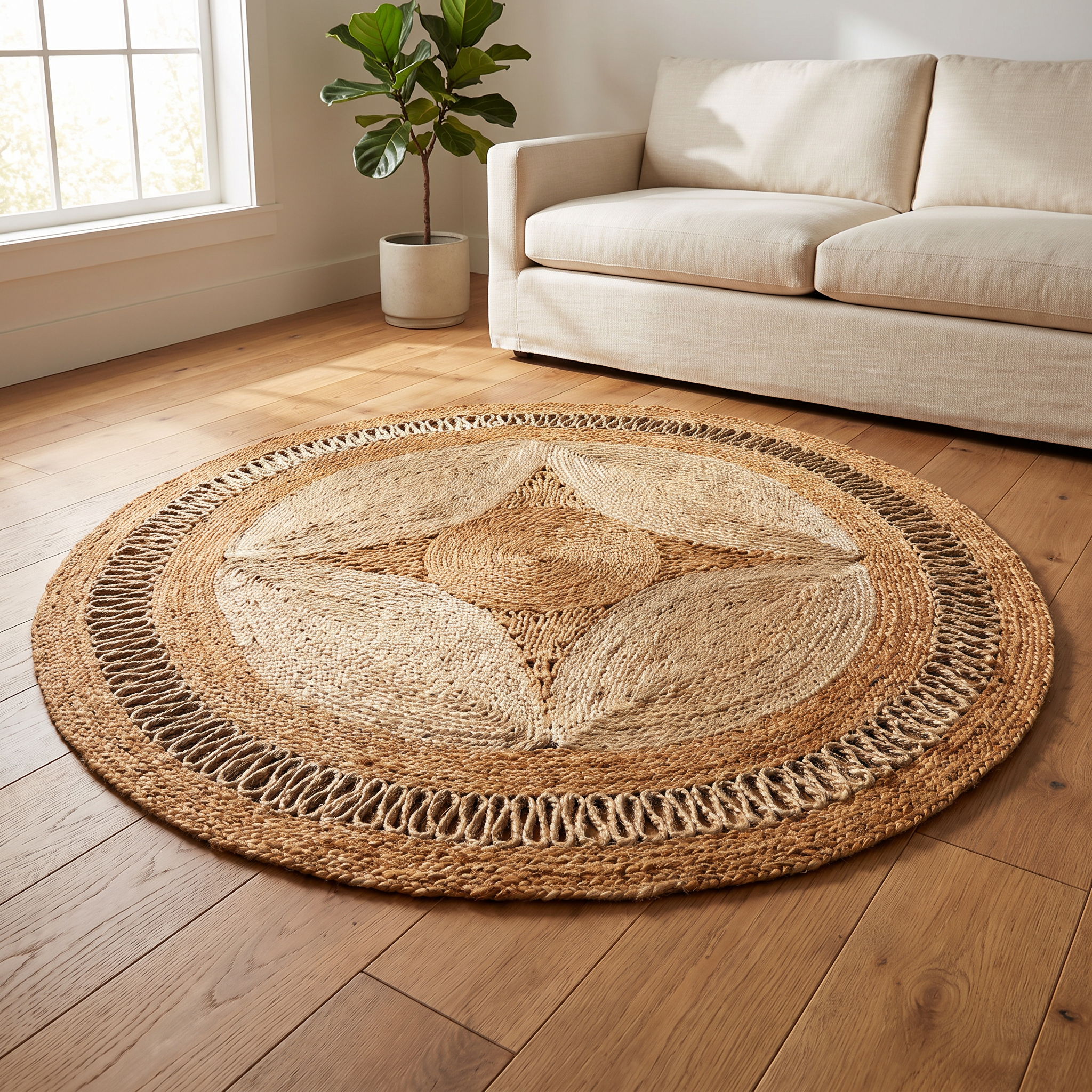 Handwoven Round Jute Rug with Two-Tone Star Design