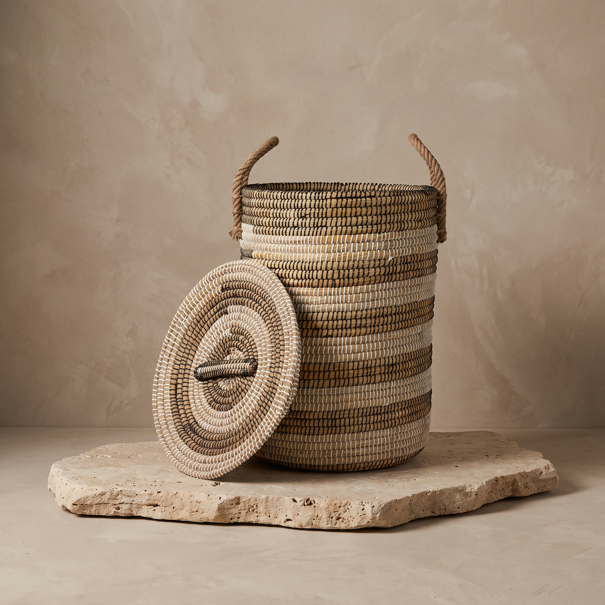 Handwoven Round Kans Grass Storage Basket with Fitted Lid & Integrated Handles