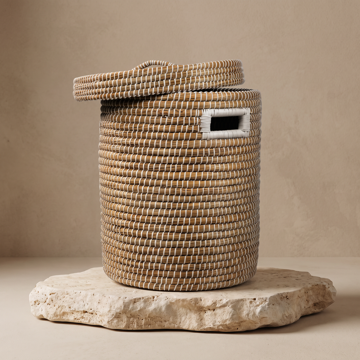 Handwoven Round Kans Grass Storage Basket with Lid and Handles