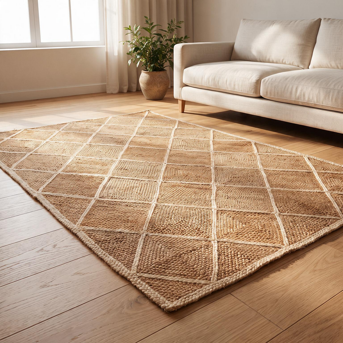 Minimalist Chequered Jute Rug – Handwoven Rectangular Carpet