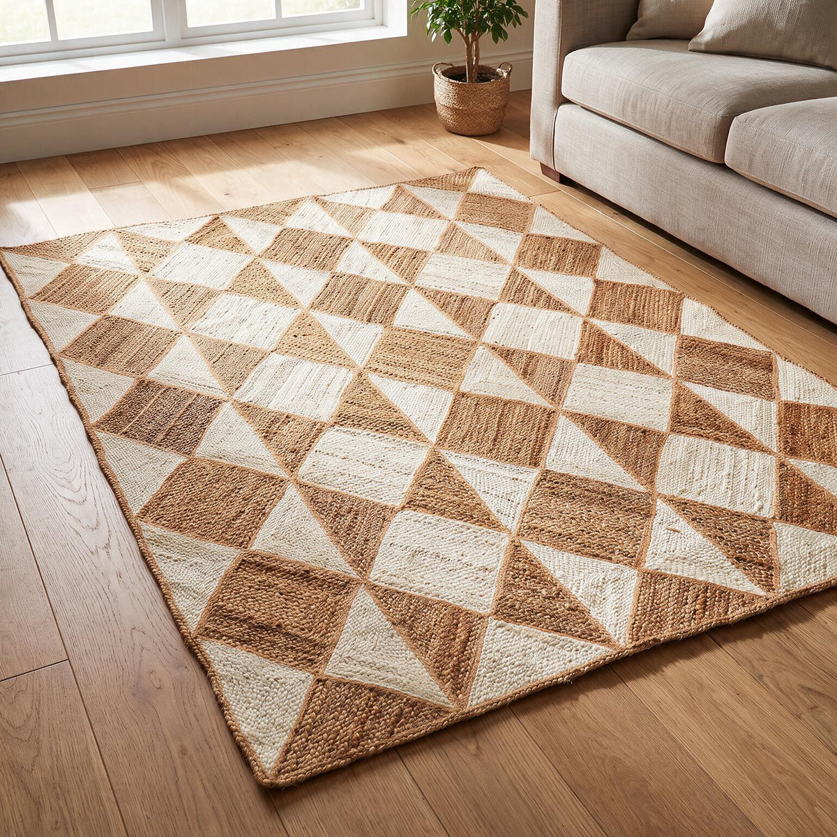 Rectangular Geometric Jute Rug – Two-Tone Handwoven Carpet