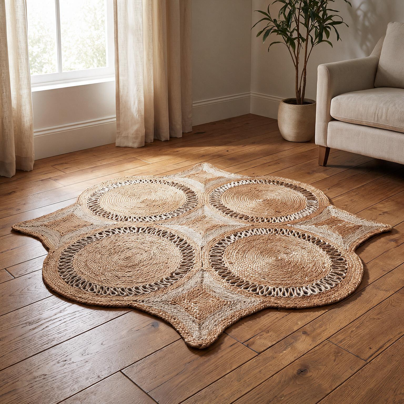 Round Floral Jute Rug – Handwoven Cluster Design