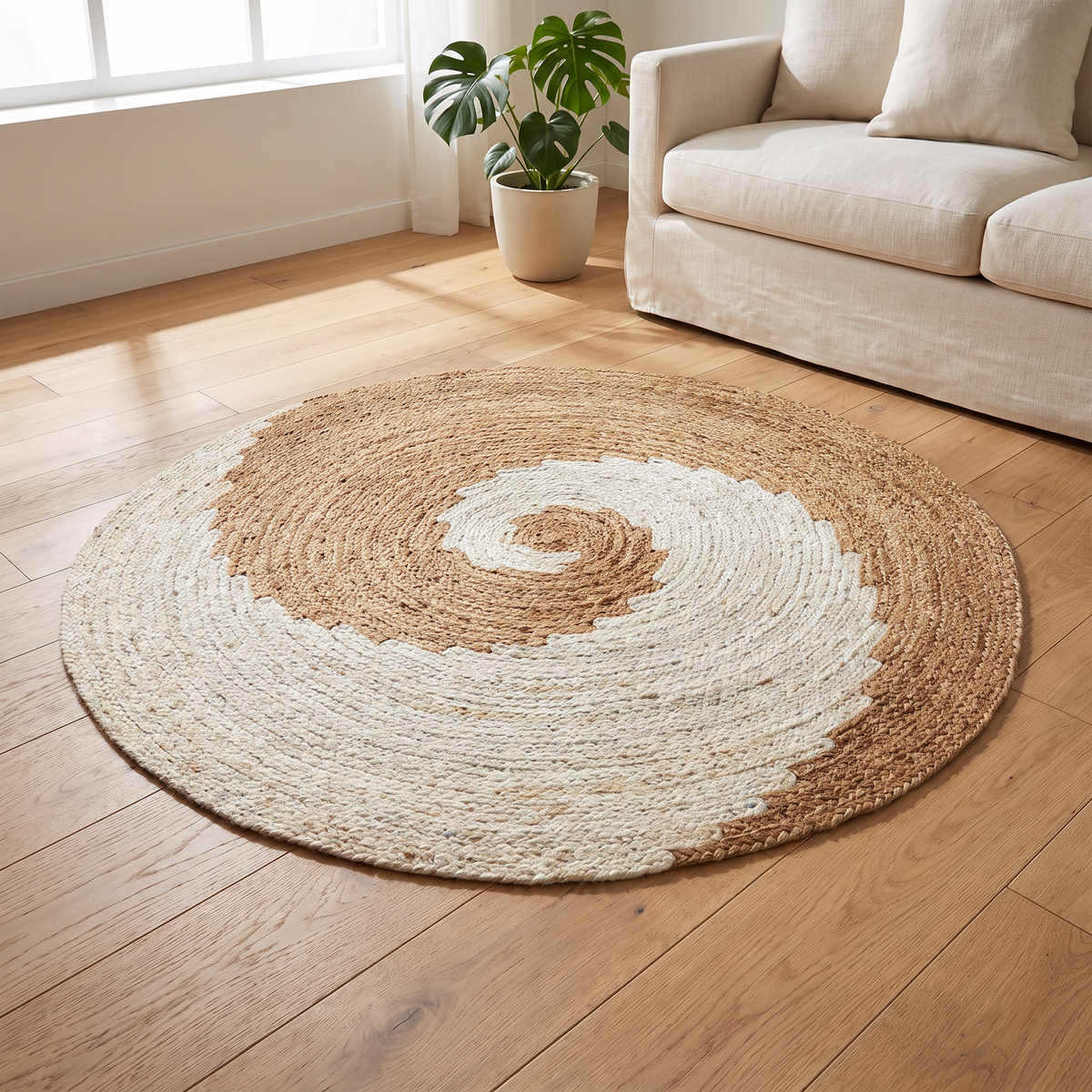 Round Jute Rug with Two-Tone Spiral Pattern
