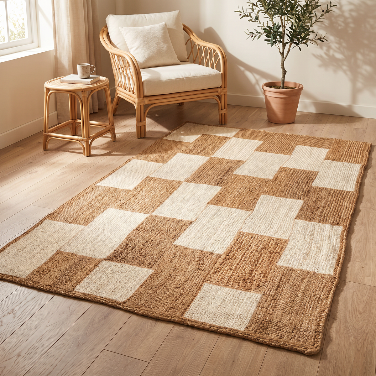 Hand-Woven Two-Tone Checkered Jute Rug – Natural Boho Area Rug