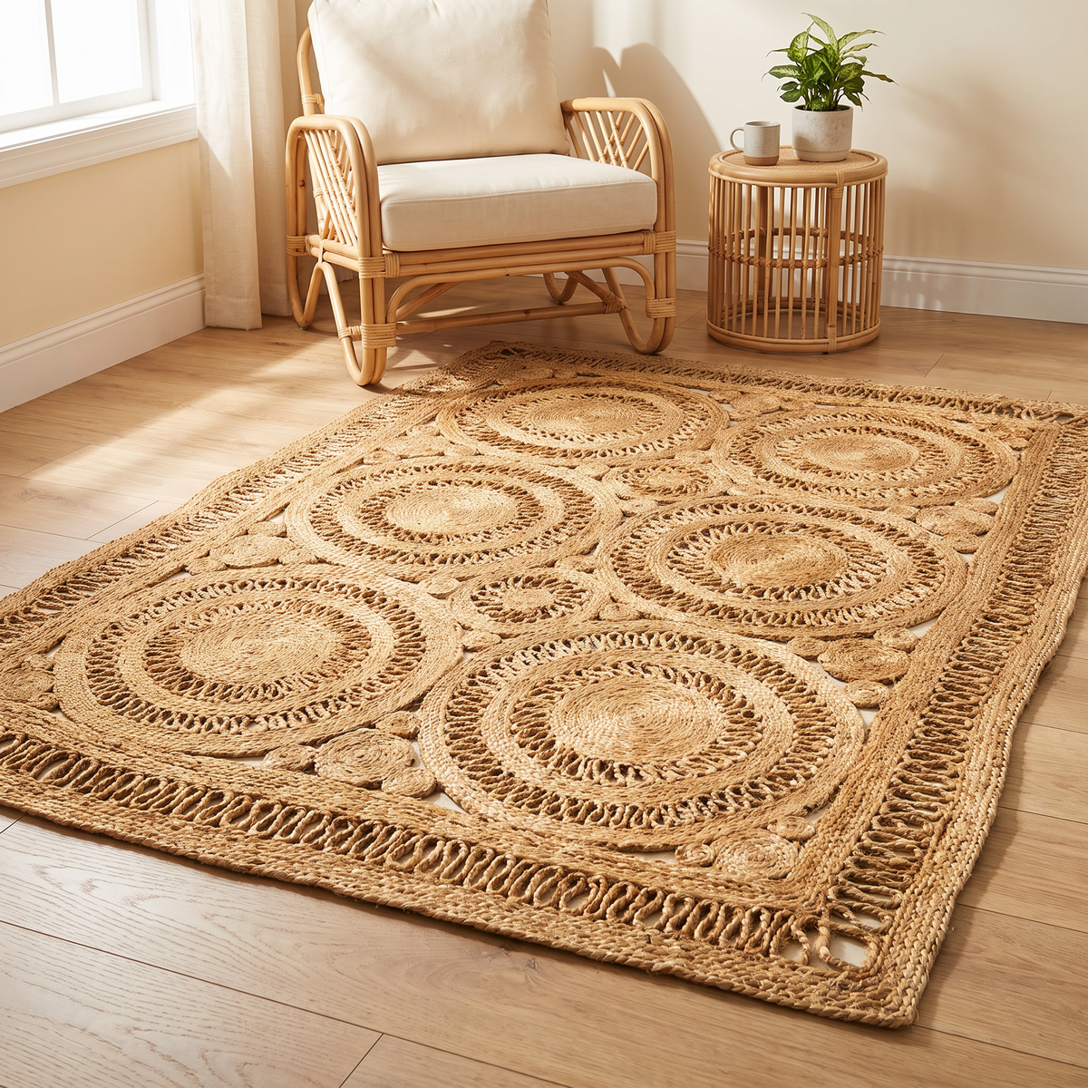 Hand Woven Natural Jute Rug with Textured Artisan Design