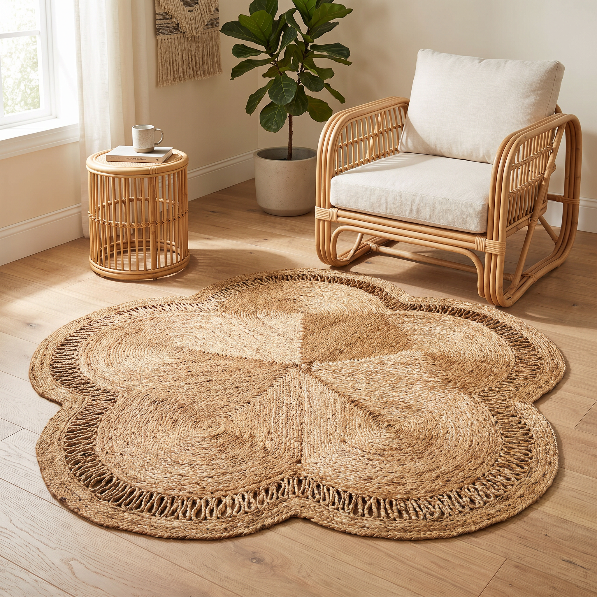 Handwoven Flower Shape Jute Rug – Natural Braided Floral Floor Mat