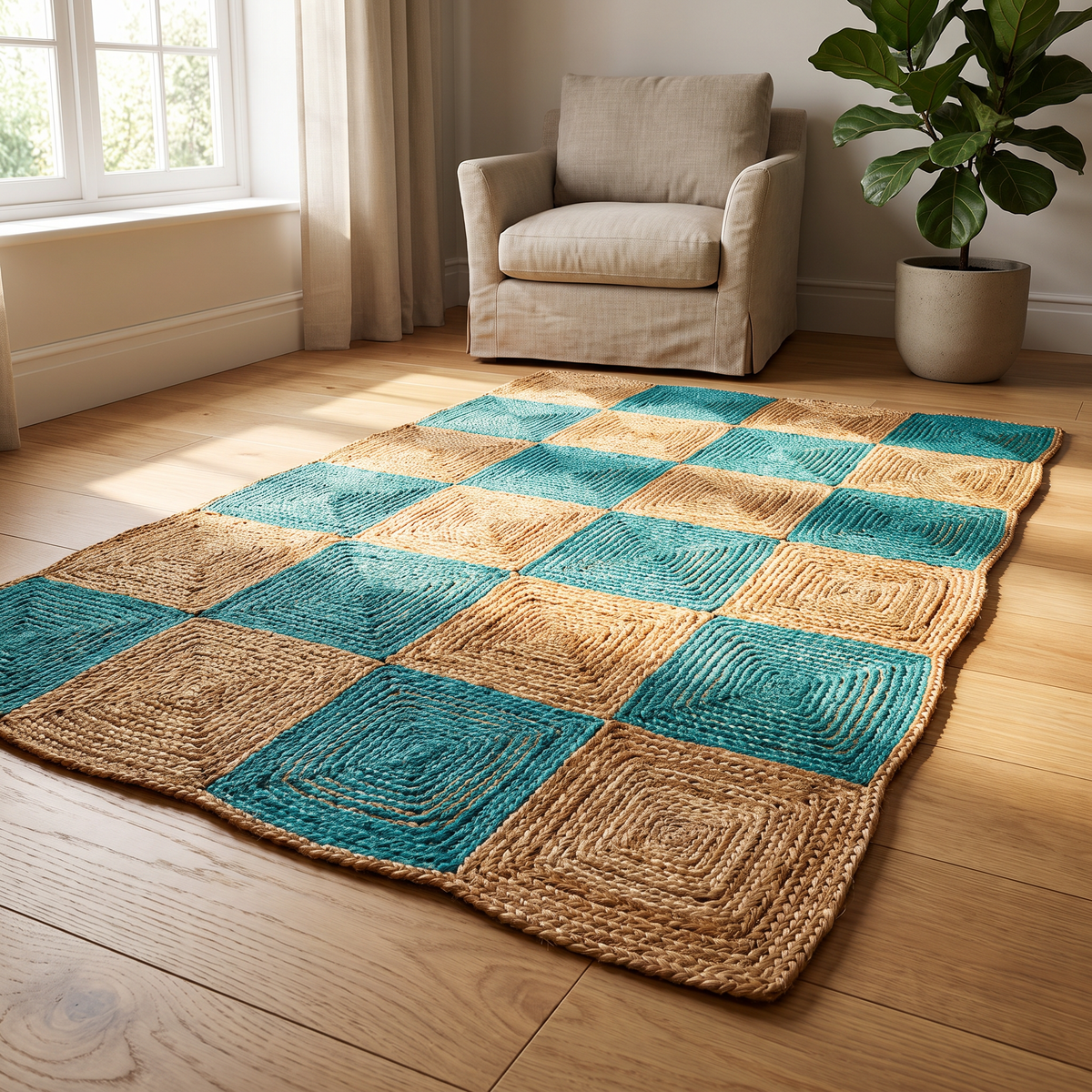 Handwoven Jute Rug in Capri Blue & Natural Tone Design