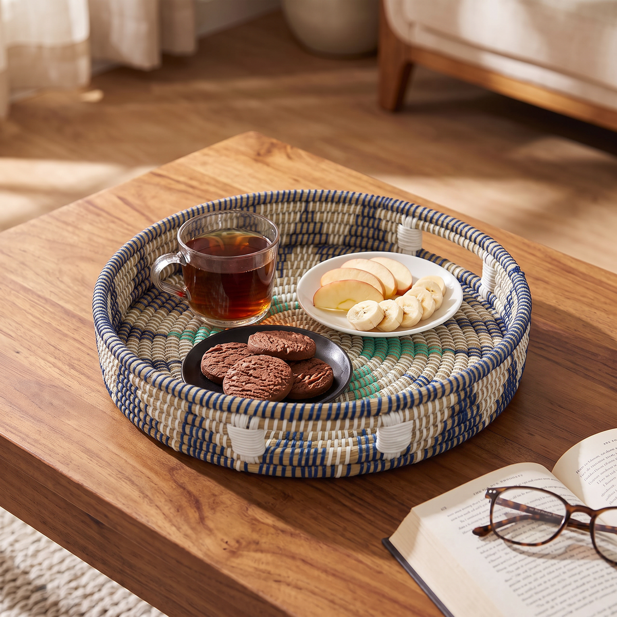 Handwoven Jute Style Kansgrass Basket Tray Set of 3 – Blue & Natural Multicolor Serving Trays