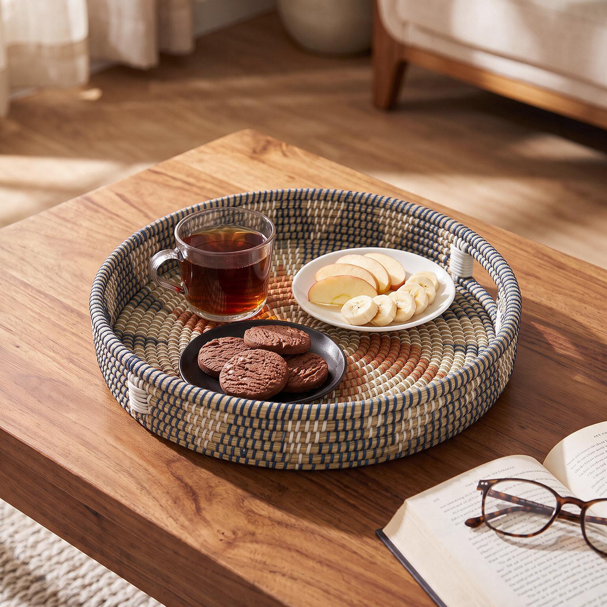 Handwoven Jute Style Rustic Kansgrass Tray Set with Handles