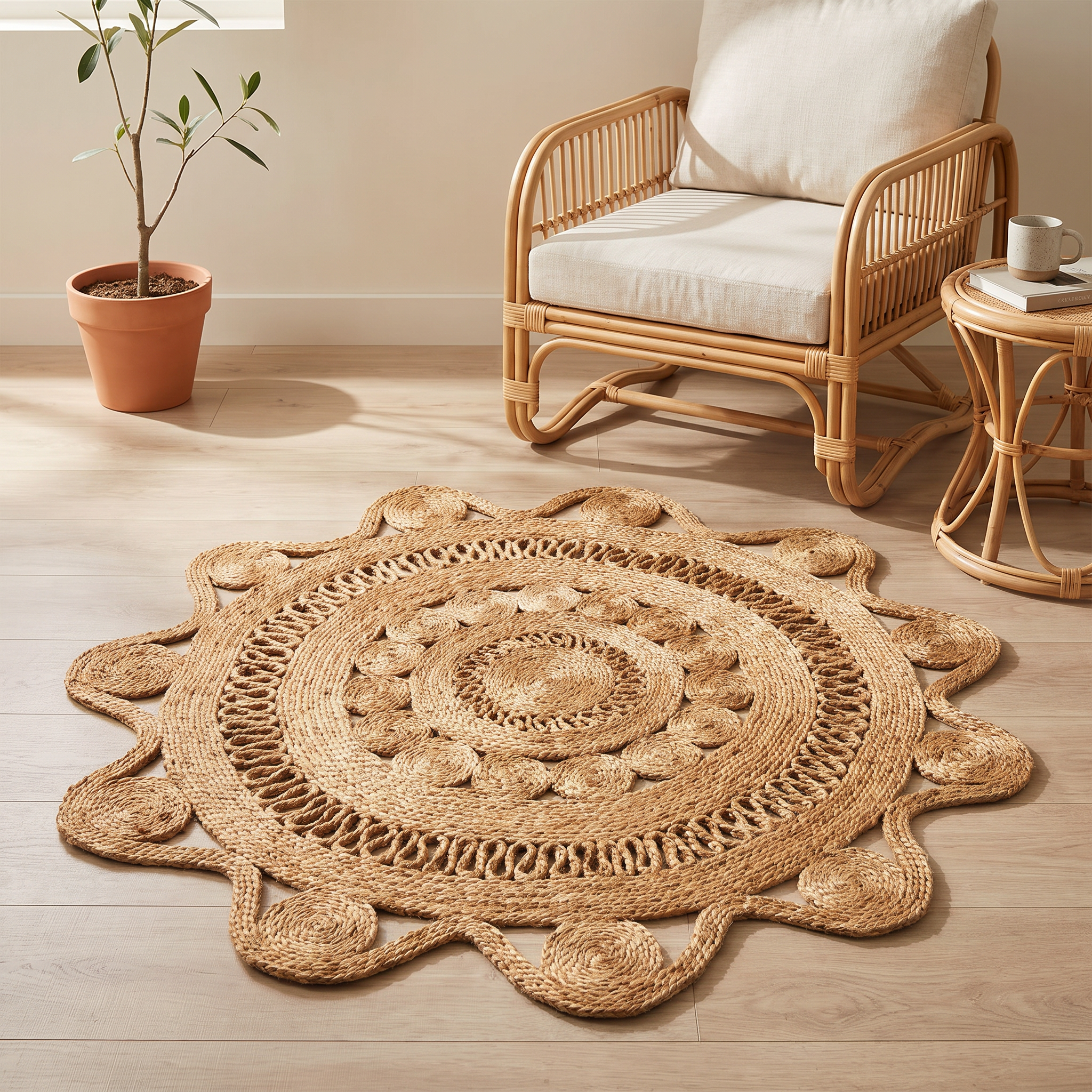 Handwoven Round Braided Jute Rug with Lace Design