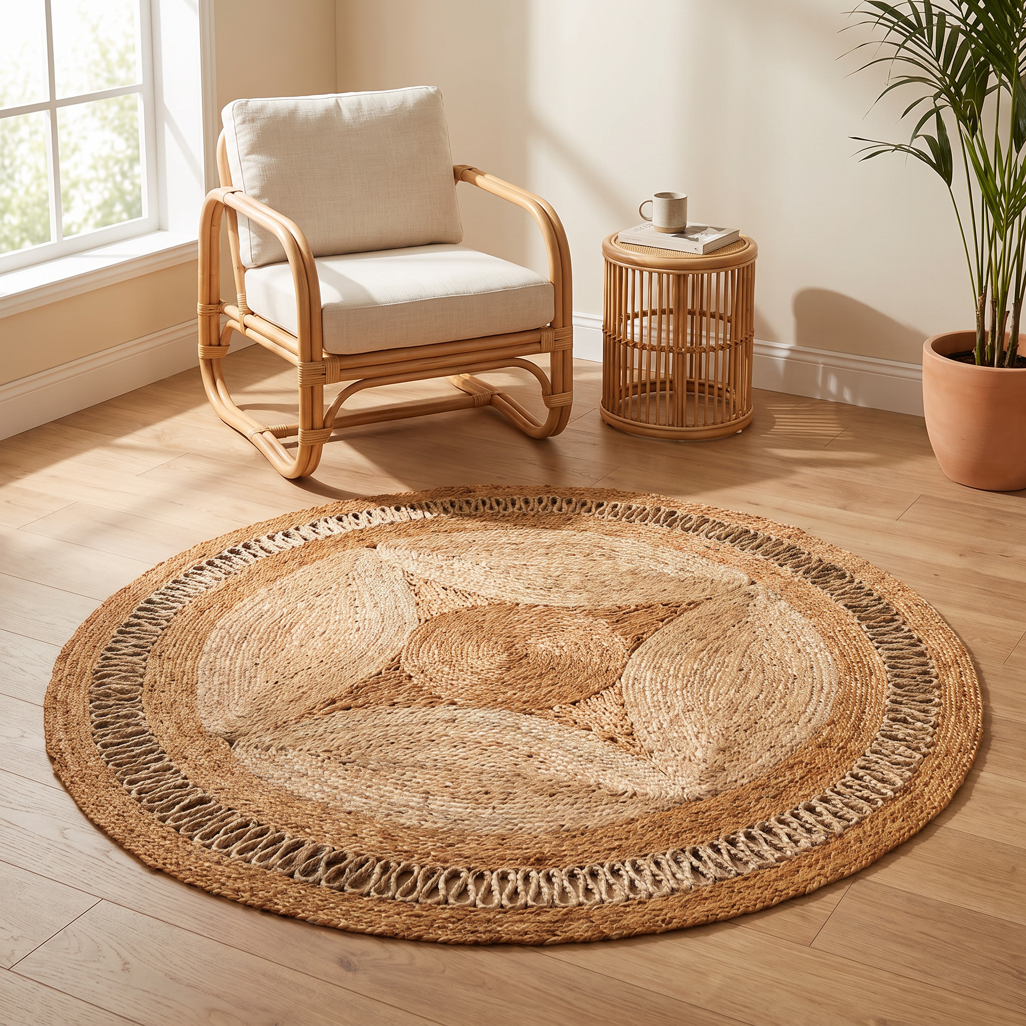 Handwoven Round Jute Rug with Two-Tone Star Design
