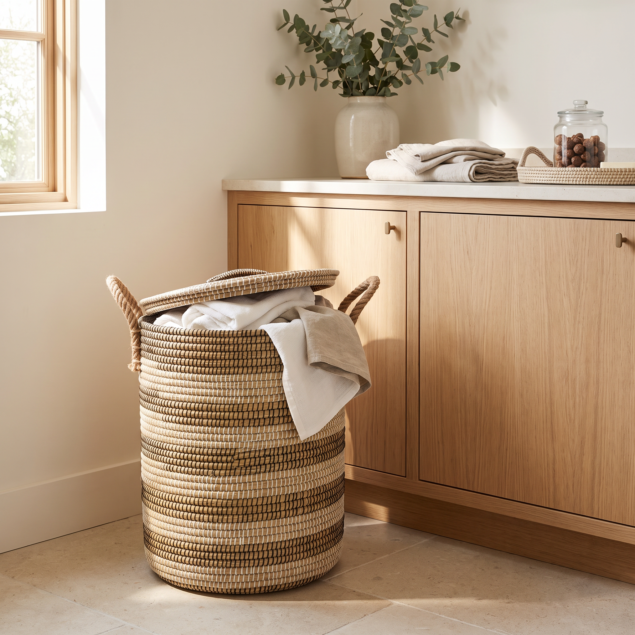 Handwoven Round Kans Grass Storage Basket with Fitted Lid & Integrated Handles