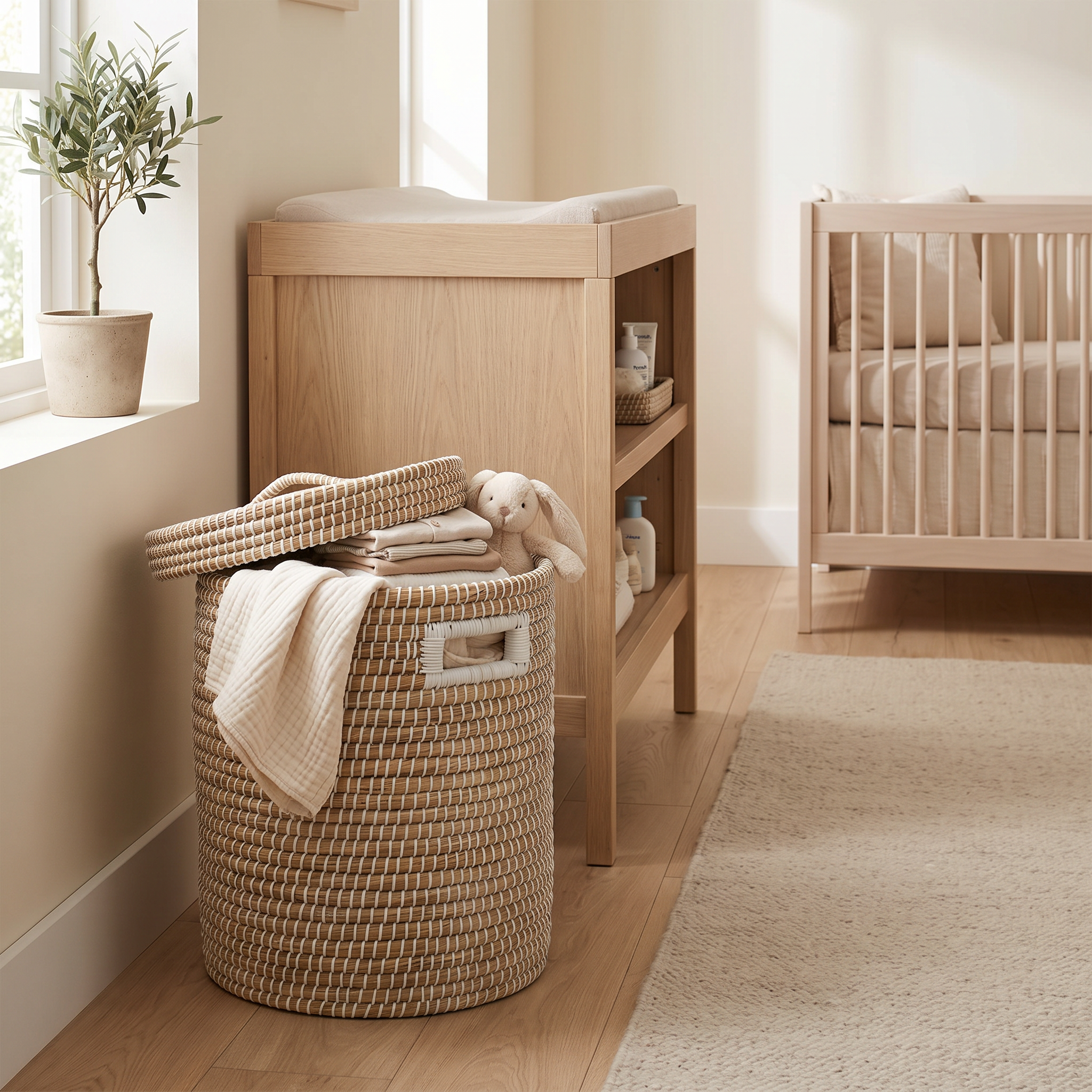 Handwoven Round Kans Grass Storage Basket with Lid and Handles