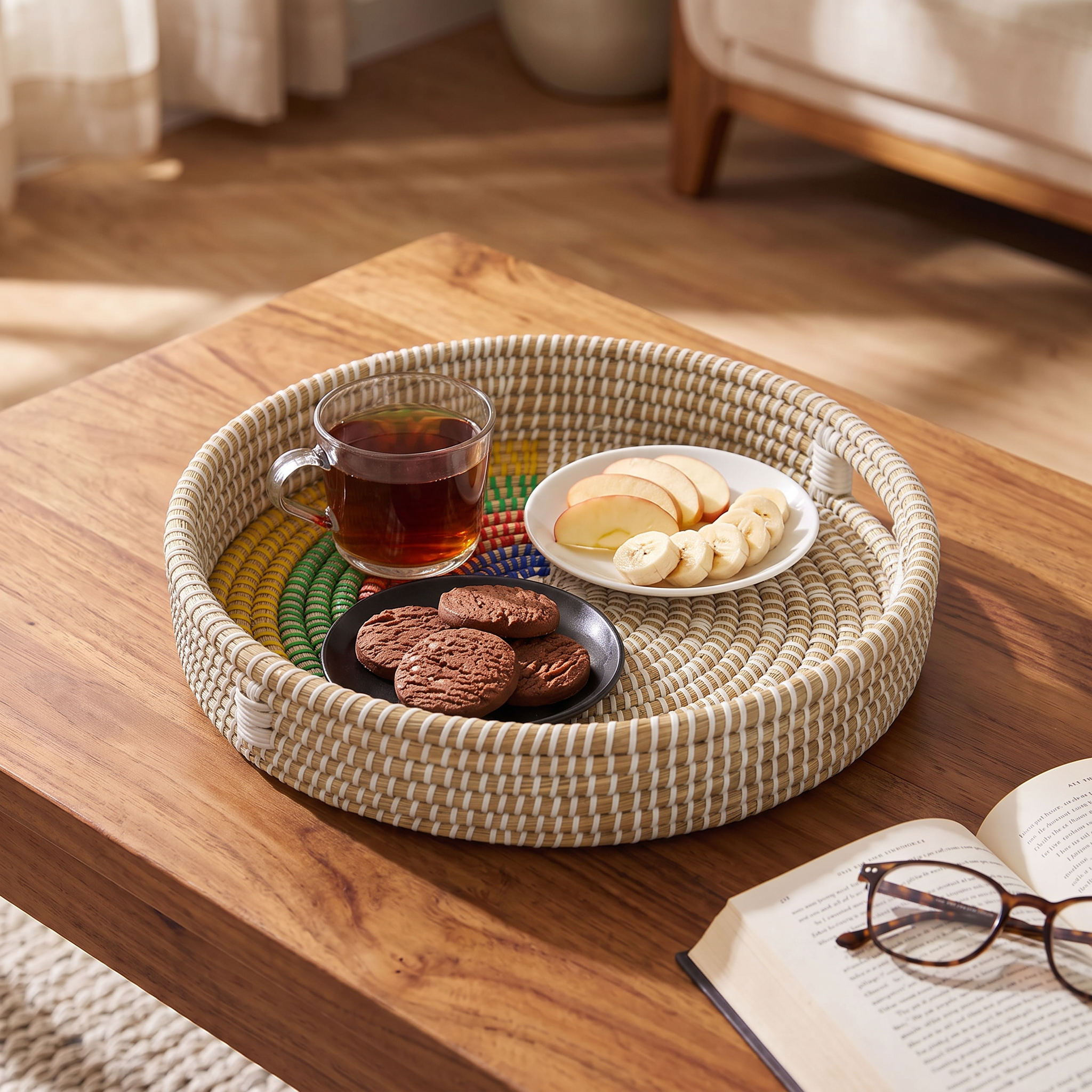 Jute Style Handwoven Kansgrass Serving Tray Set of 3 – Rainbow Multicolor Woven Baskets