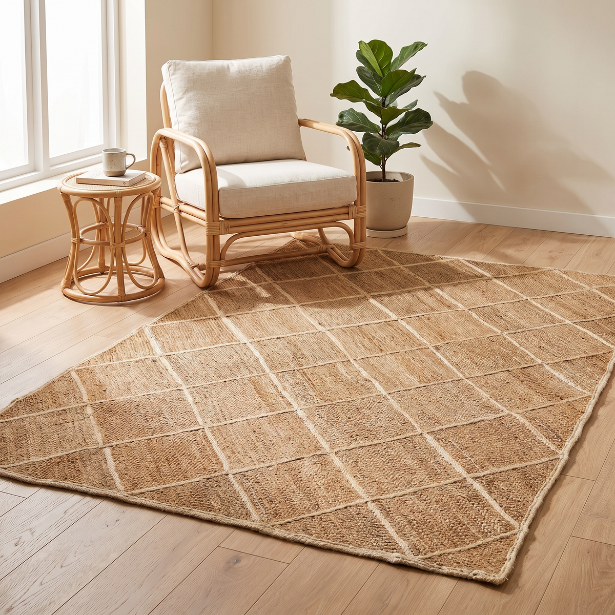 Minimalist Chequered Jute Rug – Handwoven Rectangular Carpet