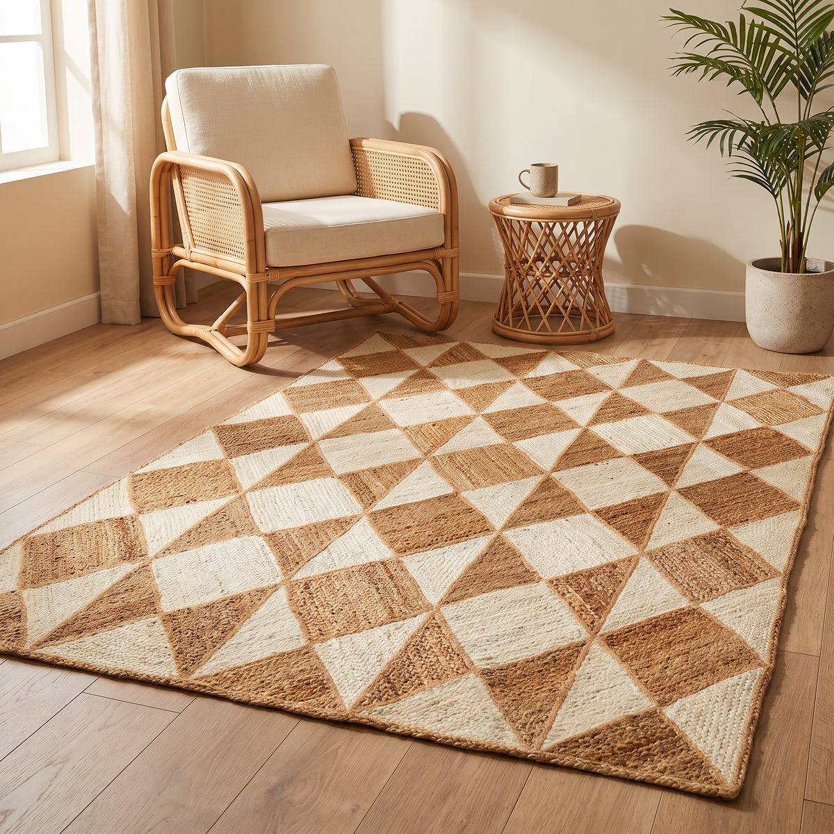 Rectangular Geometric Jute Rug – Two-Tone Handwoven Carpet