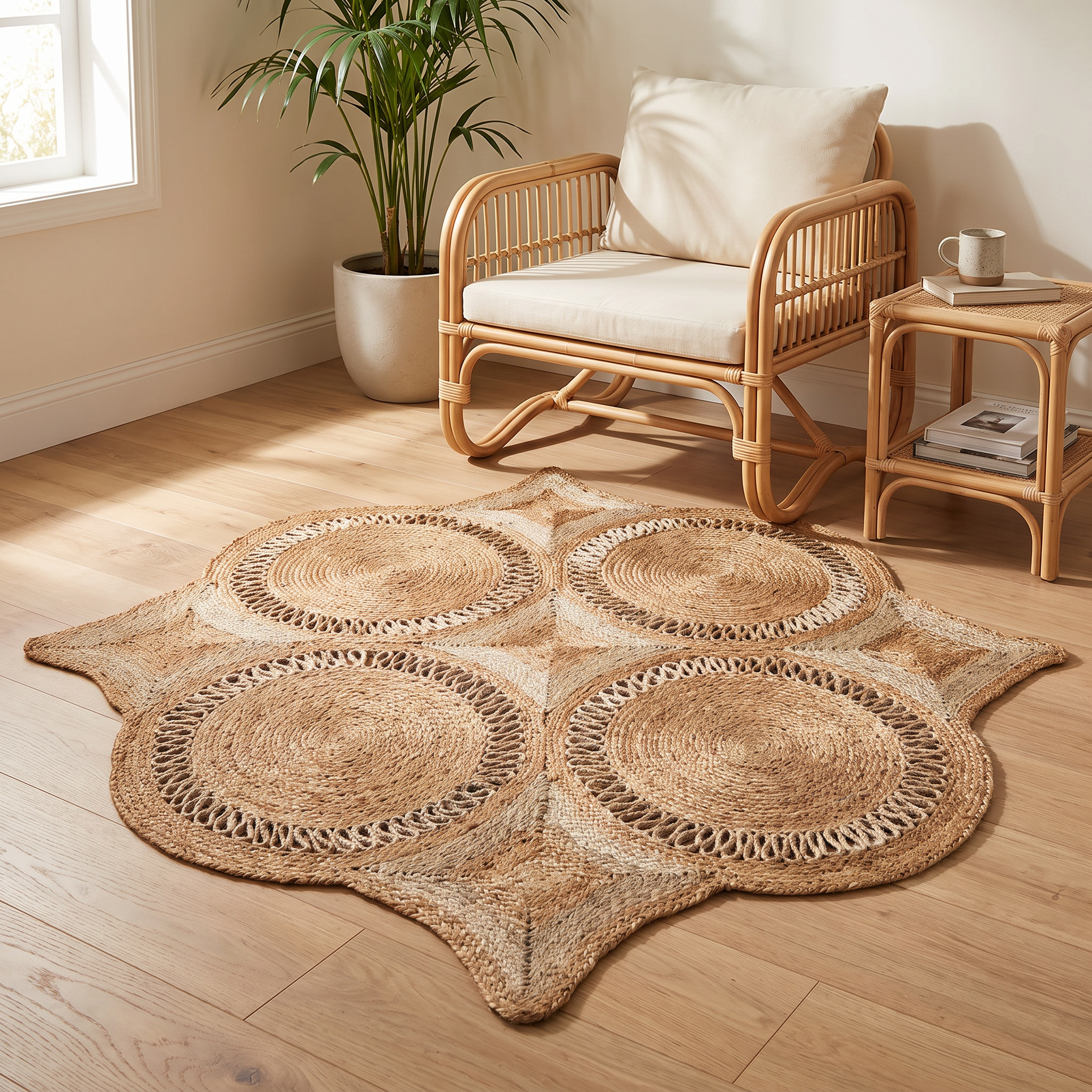 Round Floral Jute Rug – Handwoven Cluster Design