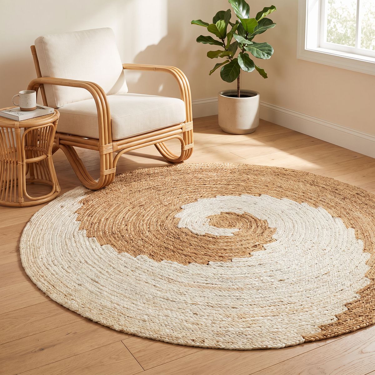 Round Jute Rug with Two-Tone Spiral Pattern