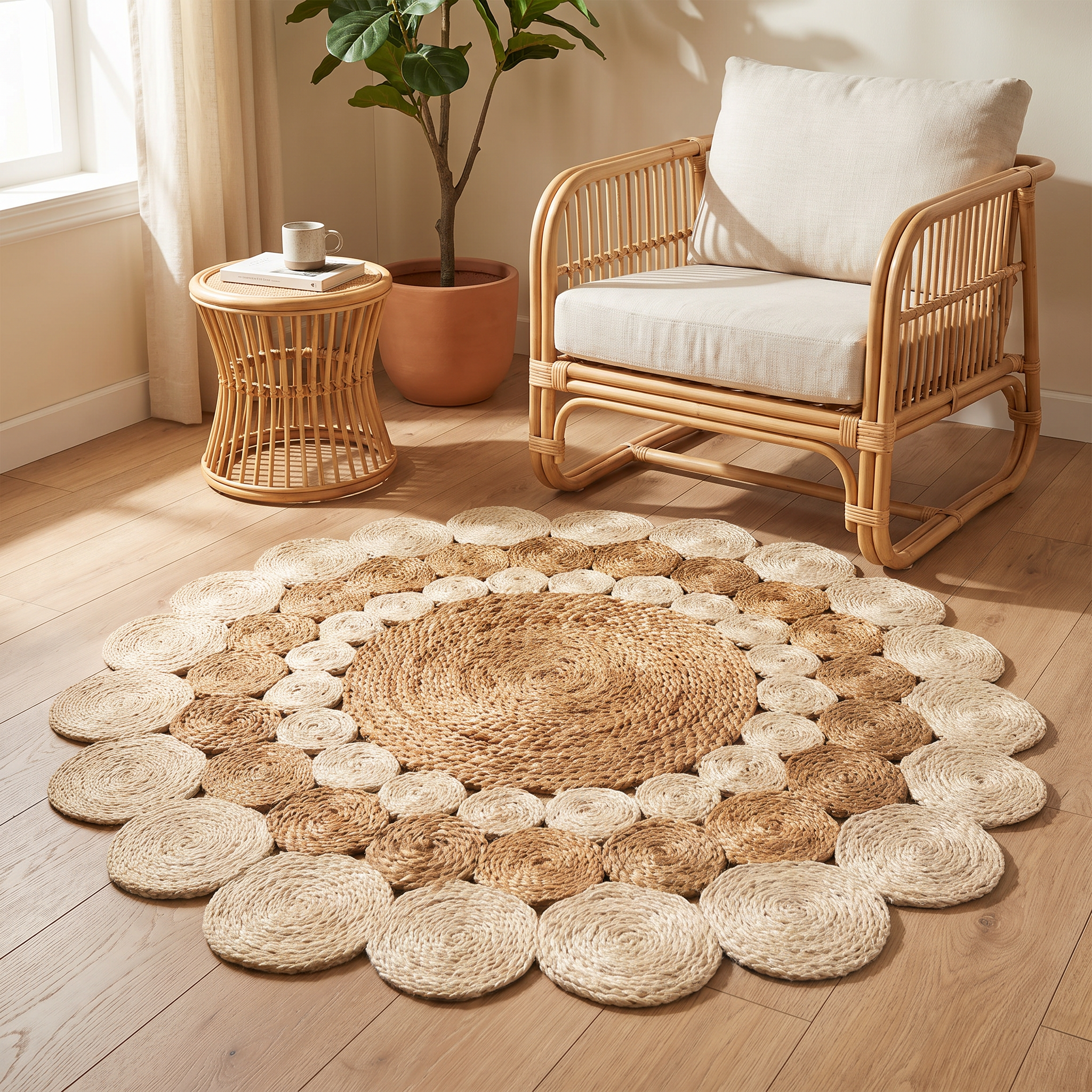 Two Tone Round Jute Rug – Braided Boho Design