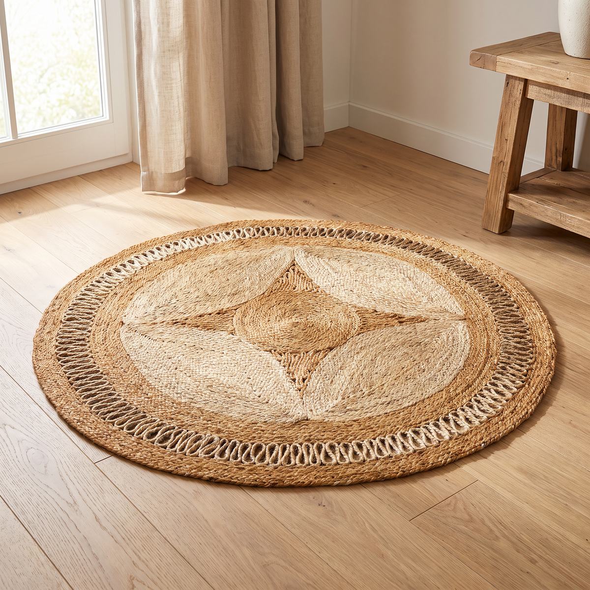 Handwoven Round Jute Rug with Two-Tone Star Design