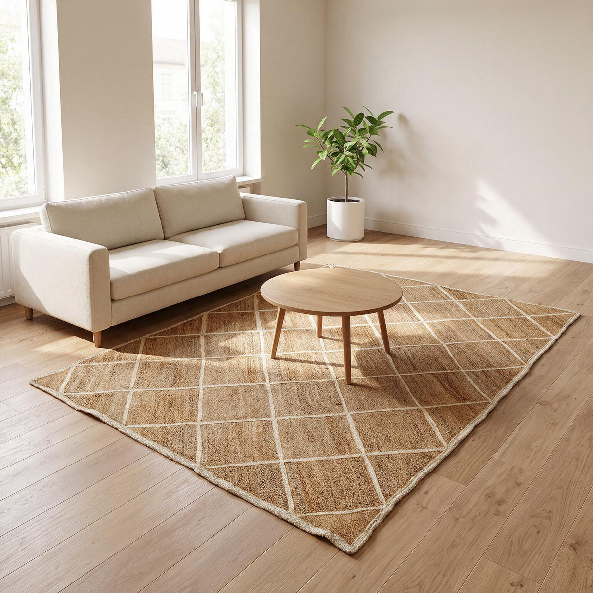 Minimalist Chequered Jute Rug – Handwoven Rectangular Carpet