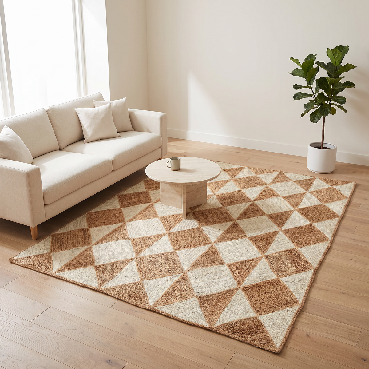 Rectangular Geometric Jute Rug – Two-Tone Handwoven Carpet