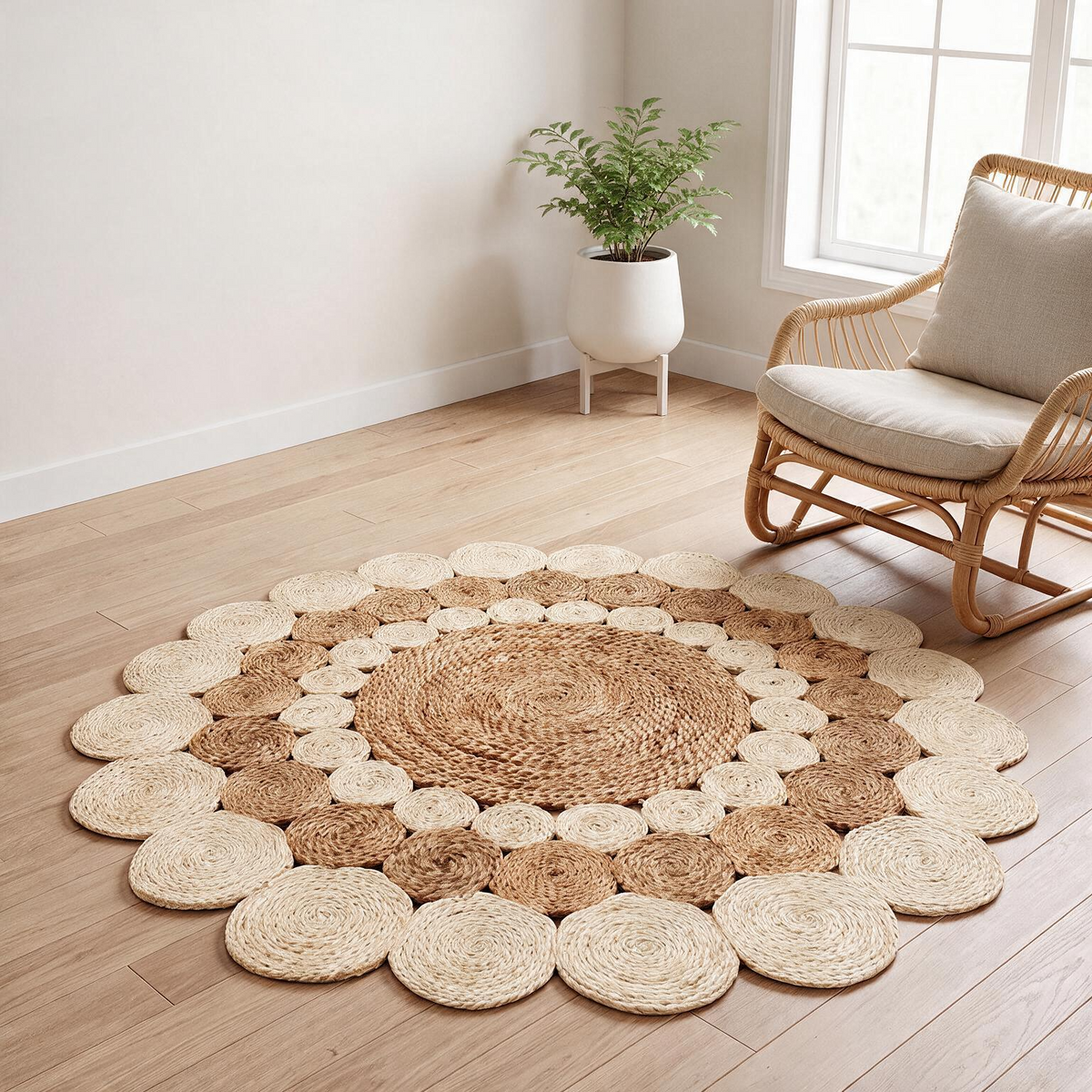 Two Tone Round Jute Rug – Braided Boho Design