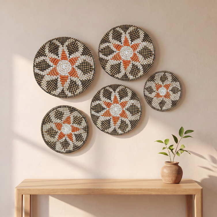 Set of 5 Rustic Multicolor Jute Style Kansgrass Wall Mats – Floral Handwoven Boho Wall Art