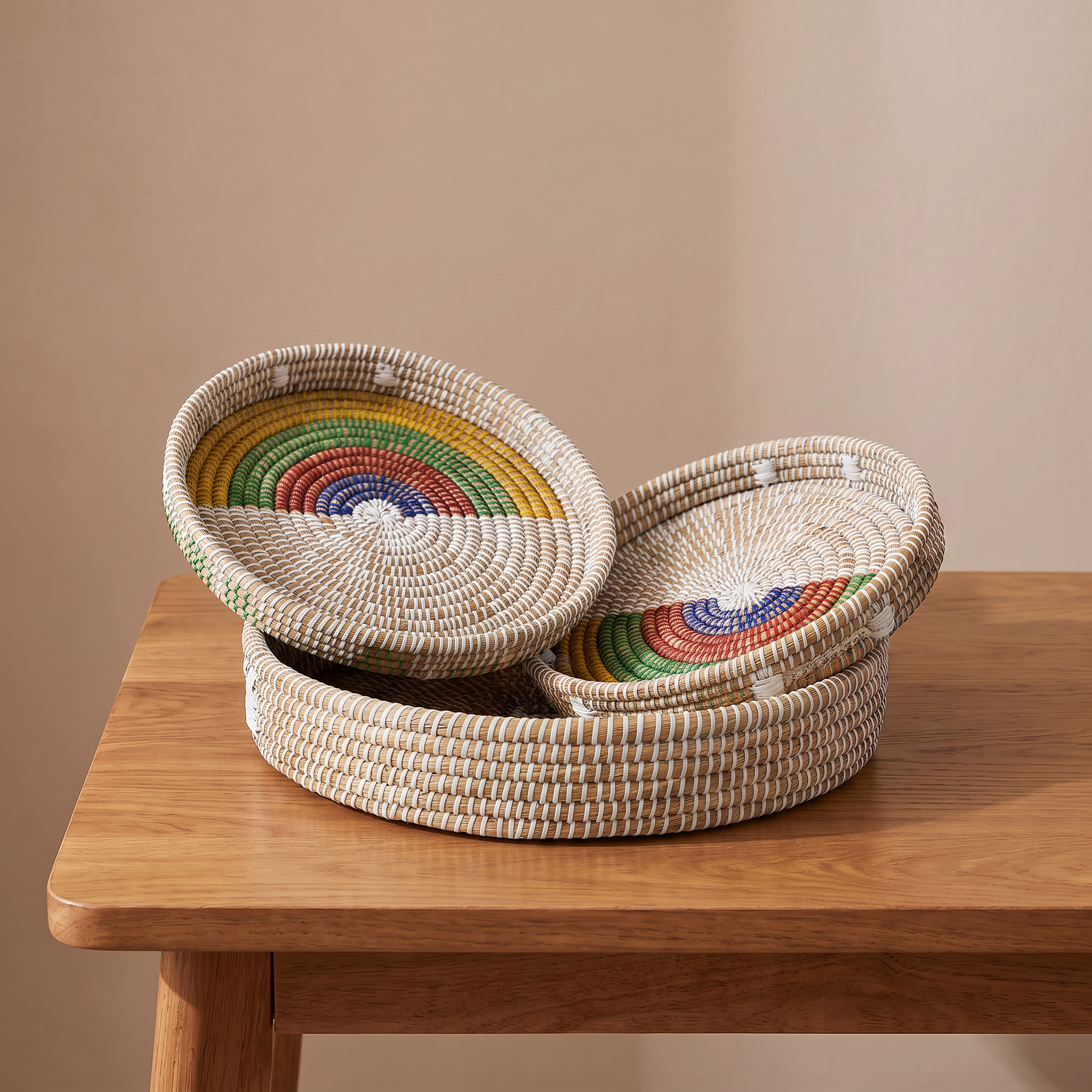Jute Style Handwoven Kansgrass Serving Tray Set of 3 – Rainbow Multicolor Woven Baskets