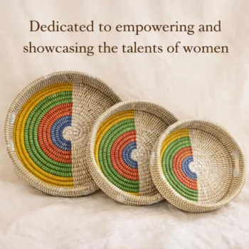 Jute Style Handwoven Kansgrass Serving Tray Set of 3 – Rainbow Multicolor Woven Baskets