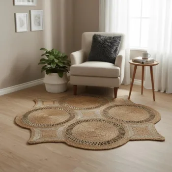 Round Floral Jute Rug – Handwoven Cluster Design