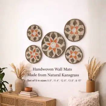 Set of 5 Rustic Multicolor Jute Style Kansgrass Wall Mats – Floral Handwoven Boho Wall Art