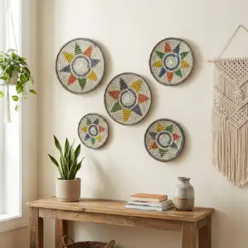 Monochrome Round Jute Style Kansgrass Wall Mat Set – Handwoven Boho Wall Art (Set of 5)