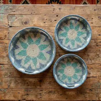 Handwoven Jute Style Kansgrass Basket Tray Set of 3 – Blue & Natural Multicolor Serving Trays