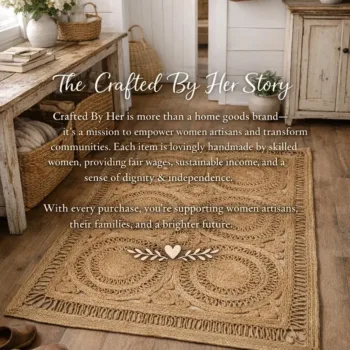 Hand woven Rectangular Jute rug crafted by her