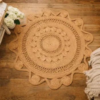 Handwoven Round Braided Jute Rug with Lace Design