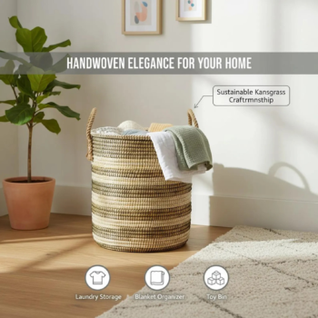 Handwoven Jute Style Kans Grass Laundry Basket with Lid & Handles