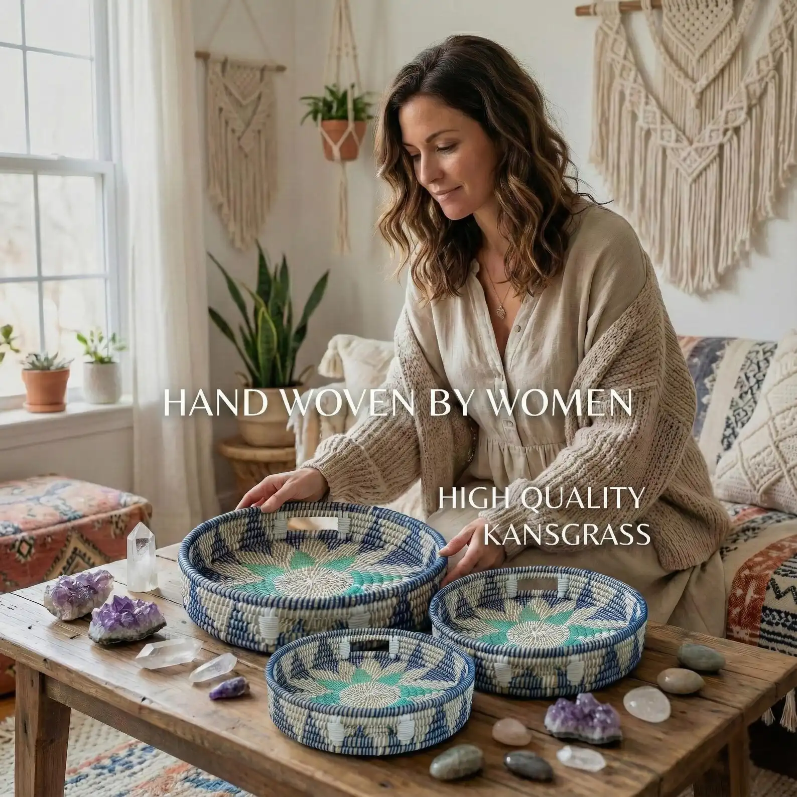 P24.4-Handwoven Jute Style Kansgrass Basket Tray Set of 3