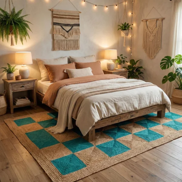 checkered jute rug pattern for bedroom