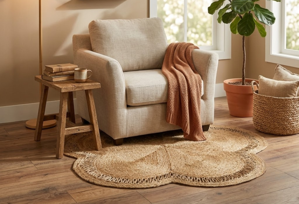 boho living room ideas jute rug Relaxing Reading Corner